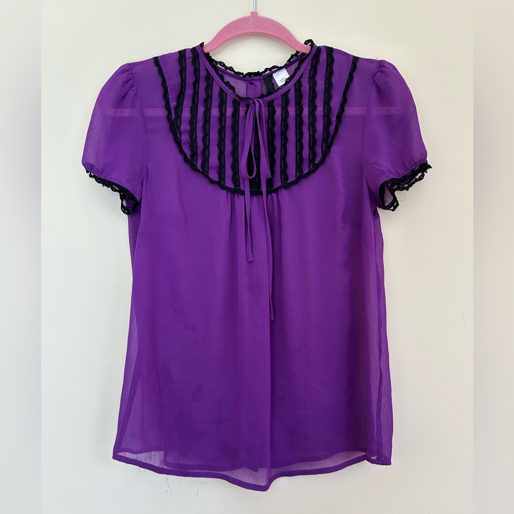 H&M Divided Sheer Purple Ruffled Lace Tie Front Puff Short Sleeve Blouse